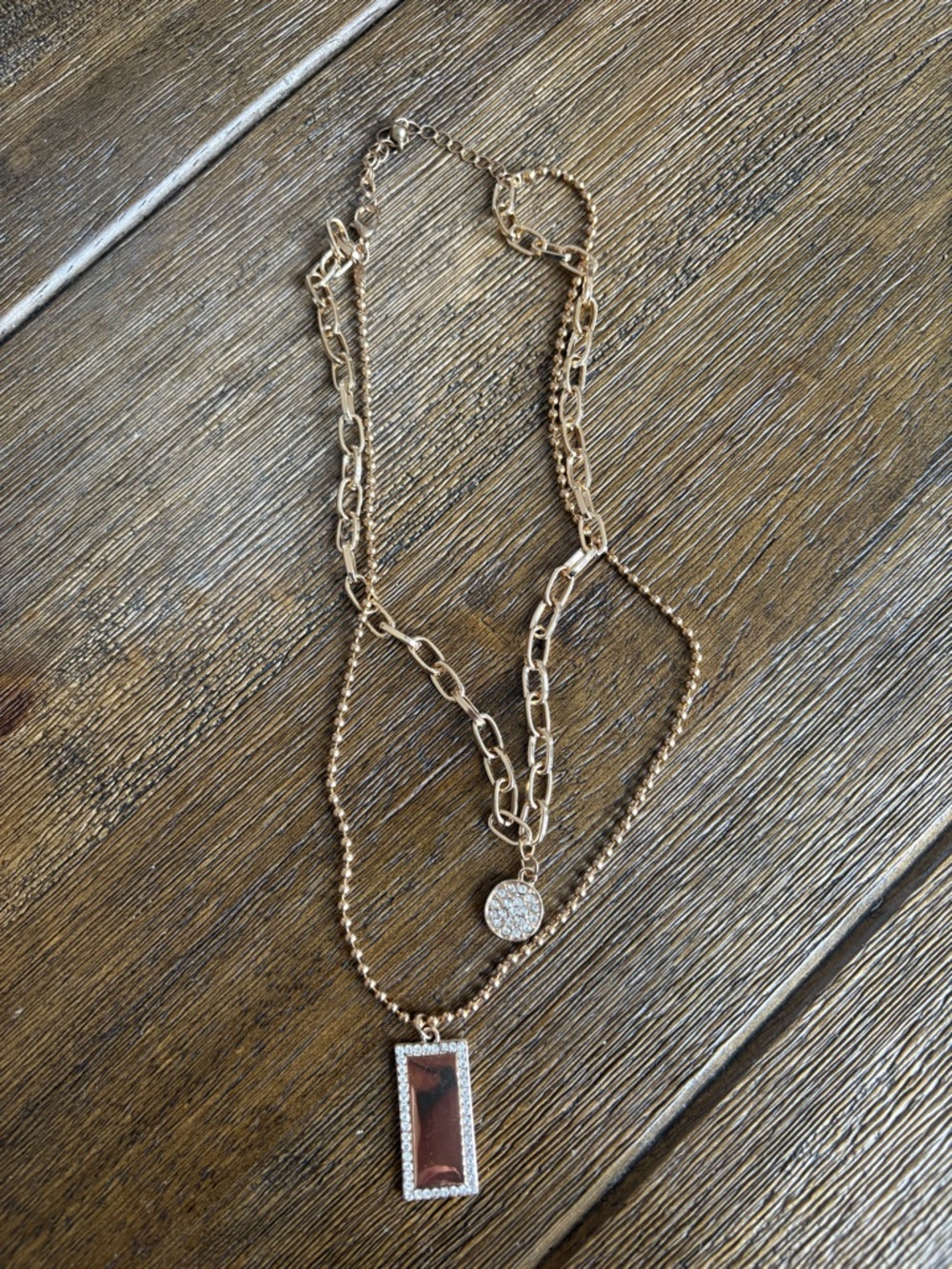 Gold-Tone Layered Pendant Necklace with Brown Rectangular Stone